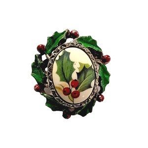 Christmas Vintage Holly Berry Pewter Hand Painted Porcelain Brooch